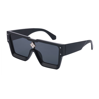 Black large frame square sunglasses with dark lenses and a gold star-shaped embellishment on the bridge. - Image 30