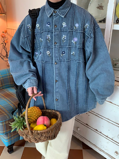 Camisa Denim Vintage Plisada Floral Lavado Clásico Manga Larga - Image 9