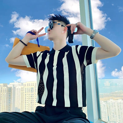 Polo Tejido a Rayas para Hombre con Cuello Vuelto Moderno - Image 18