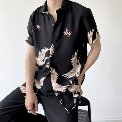 Camisa Retro Estilo Chino con Grúa para Hombre - Manga Corta Verano - Image 11