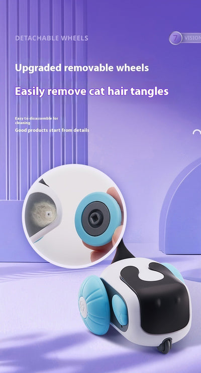 White and black remote control cat toy car with purple wheels and an orange feather, next to a white cat-shaped remote. - Image 15