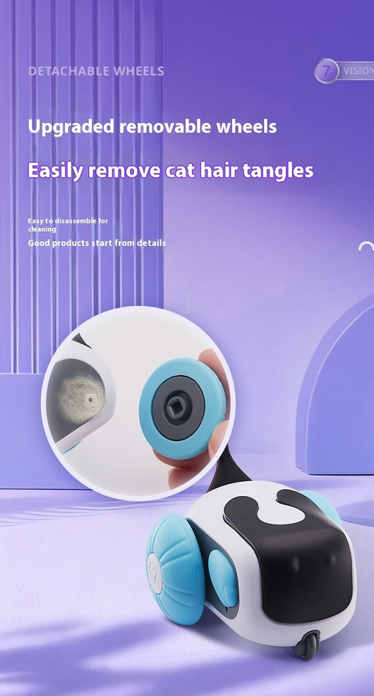 White and black remote control cat toy car with purple wheels and an orange feather, next to a white cat-shaped remote. - Image 15
