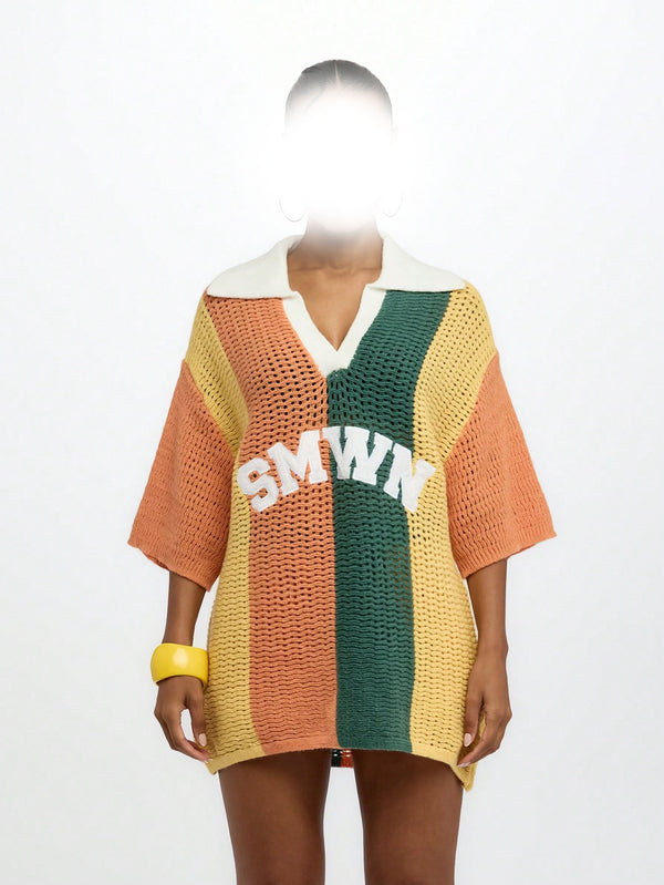 Suéter Tejido V-Cuello con Letras Estampadas y Combinación de Colores - Manga Corta Verano - Image 6