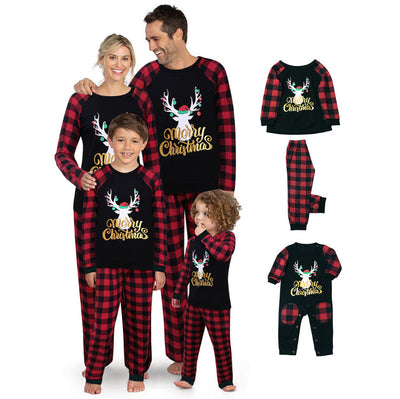 Men's Christmas pajama set with a black long-sleeve top featuring a reindeer and "Merry Christmas" text, paired with red plaid pants. - Image 8