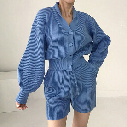Conjunto Casual Cardigan Escote V con Short Cintura Alta - Image 4