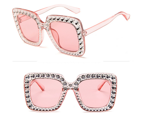 Oversized square sunglasses with clear peach frames, brown lenses, and clear faceted rhinestones around the edges. - Image 6