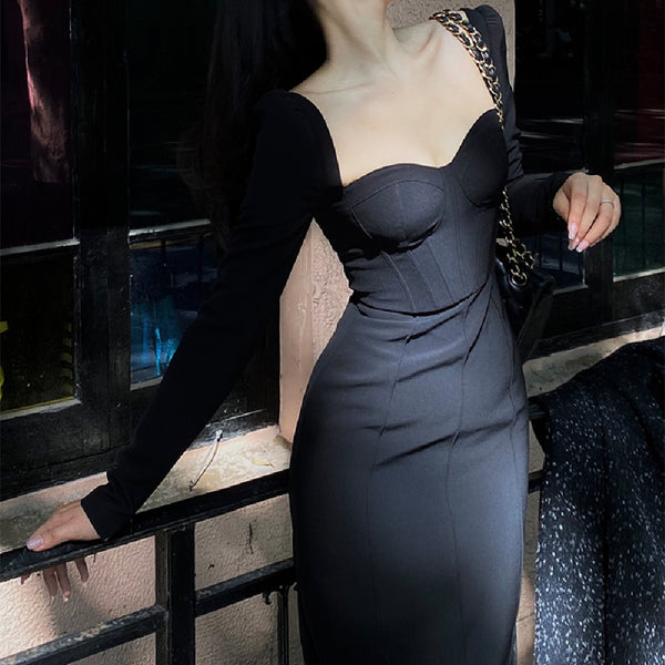Vestido Largo Cuello Cuadrado Manga Larga