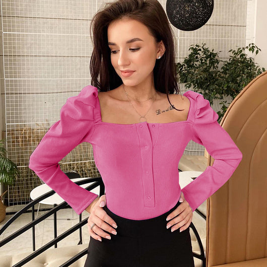Blusa Tejida Cuello Francés con Mangas Abullonadas para Mujer