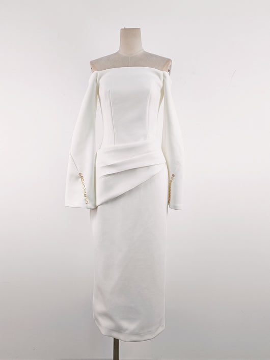 Vestido Elegante Cuello Barco con Mangas Campana y Cintura Ajustada - Image 6
