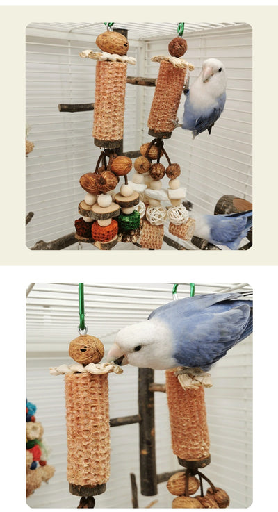 Hanging parrot chew toy made from natural wood slices, corncob, vine balls, and colorful textured blocks. - Image 12