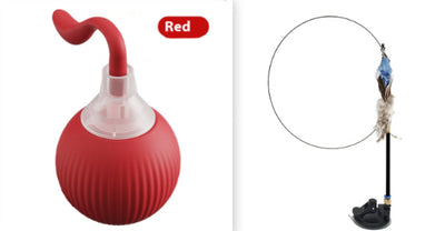 Interactive cat toy set featuring a blue rolling ball with a rope and a feather wand with a suction cup base. - Image 9