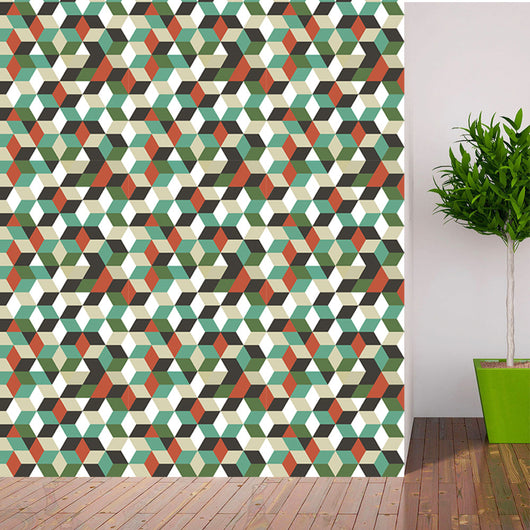 Waterproof self-adhesive wall sticker with a geometric 3D cube pattern in green, teal, orange, black, and white. - Image 16