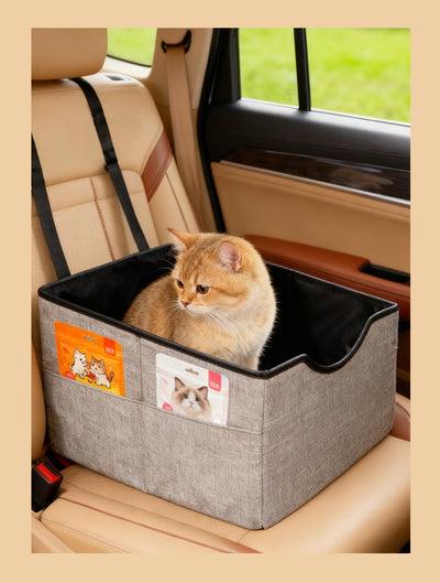 Beige pet car seat with a small white dog inside, secured to a car's passenger seat, designed for safe travel. - Image 11