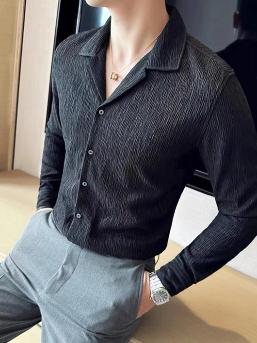 Camisa Manga Larga Cuello Cubano con Pliegues para Hombre - Image 12