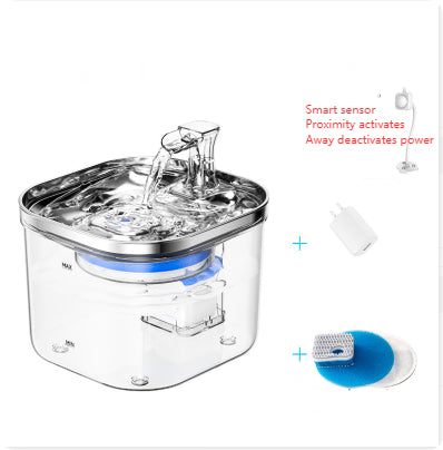Automatic pet water fountain with clear reservoir, stainless steel top, and flowing water spout, shown with power adapter and filter set. - Image 10