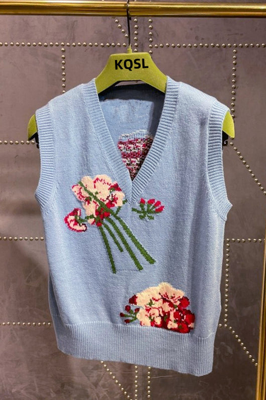 Chaleco Tejido Retro con Intarsia Floral y Cuello en V - Image 10