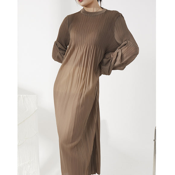 Vestido Suelto de Cuello Redondo y Mangas Abullonadas en Colores Lisos