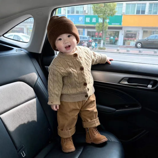 Suéter Tejido Grueso Estilo Coreano para Niño Otoño-Invierno en Khaki con Bordado - Image 2