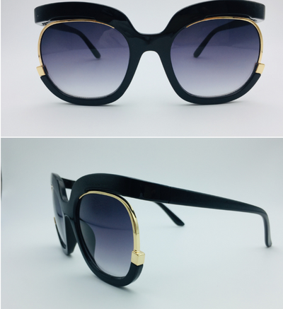 Black cat-eye half-frame sunglasses with gold accents and purple-grey gradient lenses, shown from front and side. - Image 16