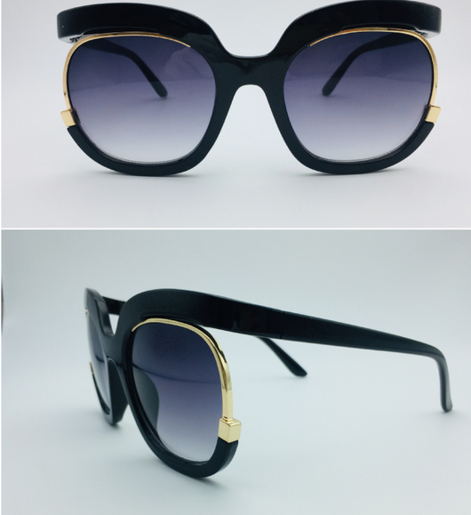Black cat-eye half-frame sunglasses with gold accents and purple-grey gradient lenses, shown from front and side. - Image 16