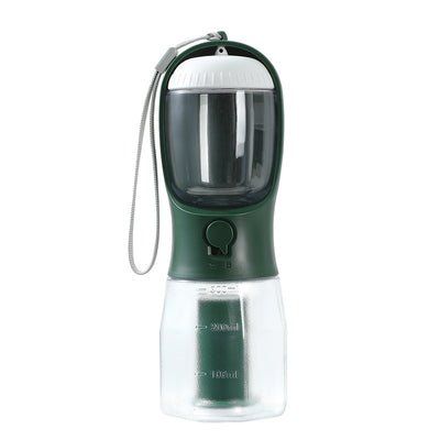 Purple 3-in-1 portable pet water bottle with food compartment, waste bag dispenser, and lanyard. - Image 11