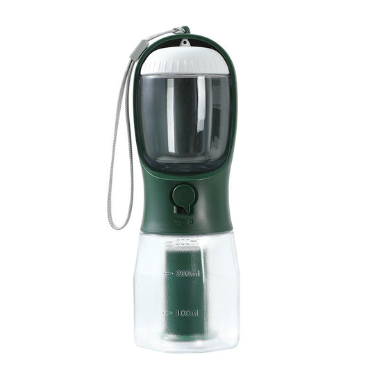 Purple 3-in-1 portable pet water bottle with food compartment, waste bag dispenser, and lanyard. - Image 11