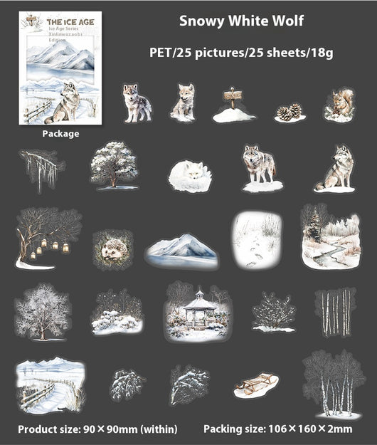 A set of 25 PET stickers featuring winter landscapes, ice castles, deer, wolves, and an ice queen in a snowy fantasy theme. - Image 21