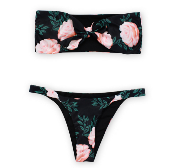 Bikini Bandeau Floral con Tanga Brasilera - Traje de Baño Sexy Tallas S-L