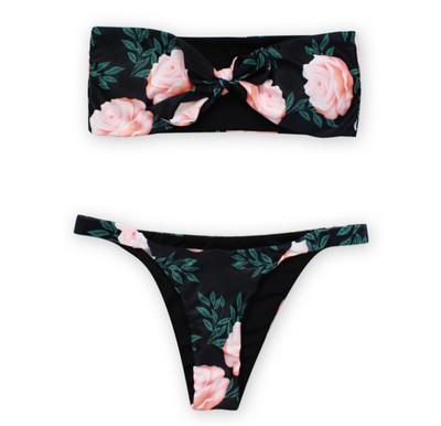 Bikini Bandeau Floral con Tanga Brasilera - Traje de Baño Sexy Tallas S-L