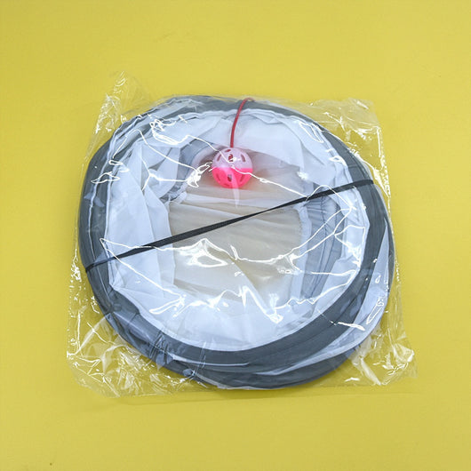 White cat tunnel with dark grey trim, featuring a red and pink hanging toy, measuring 25cm by 50cm. - Image 12