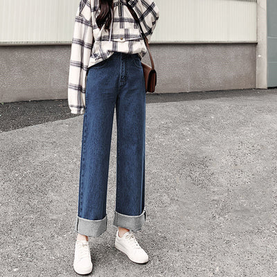 Jeans Rectos Sueltos Cintura Alta Drapeado Pierna Ancha - Primavera Otoño - Image 3