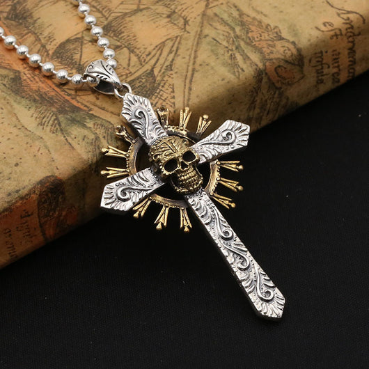 Dije Calavera Cruz de Plata Esterlina con Incrustaciones de Cobre Retro - Image 10