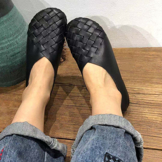 Zapatos Planos de Cuero Tejido con Punta Redonda - Estilo Retro Cómodo - Image 7