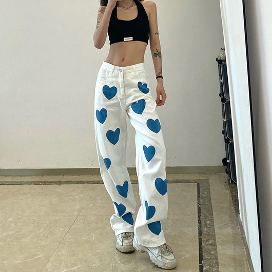 Pantalón Denim Talle Alto Recto con Estampado de Corazones