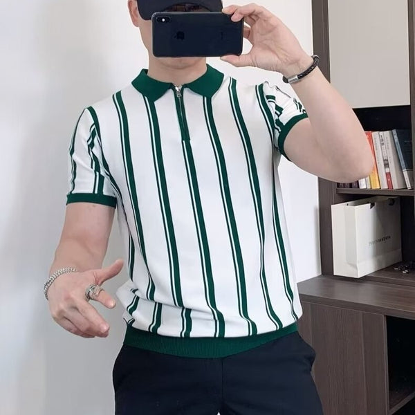 Playera Casual Hombre Estilo Coreano Rayas Vintage con Cierre y Manga Corta