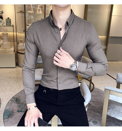 Camisa Manga Larga Estilo Gentleman Británico de Color Sólido - Image 21