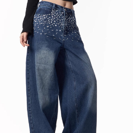 Pantalones Vaqueros Rectos Bordados Floral Vintage Mujer Cintura Alta Pierna Ancha