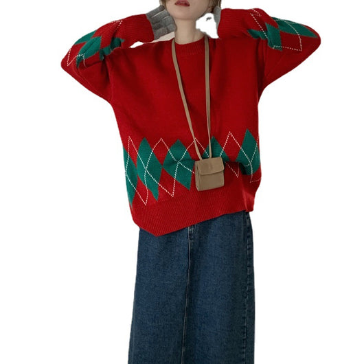 Suéter Navideño Rojo Rombo Contraste Acolchado para Amigas - Pullover Retro Otoño Invierno