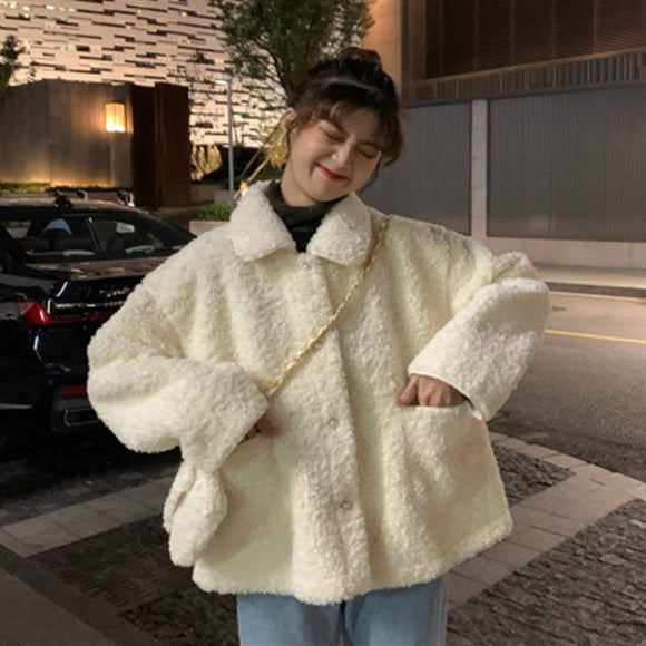 Chaqueta Estilo Occidental Cuello Polo Holgada con Forro Polar Grueso de Manga Larga