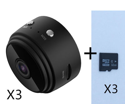 White A9 WIFI wireless network camera with a black lens, shown next to a black 32GB microSD card. - Image 20
