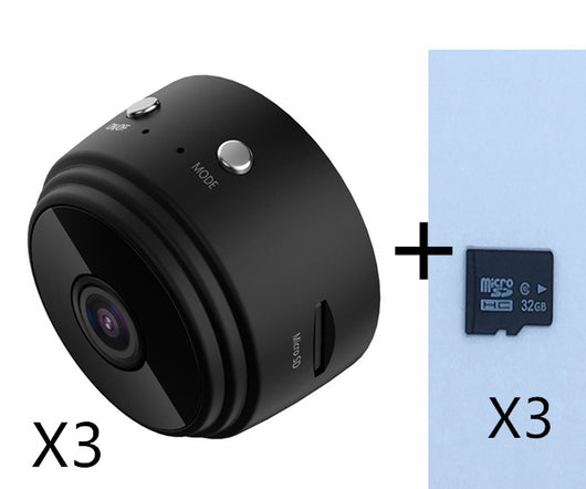 White A9 WIFI wireless network camera with a black lens, shown next to a black 32GB microSD card. - Image 20