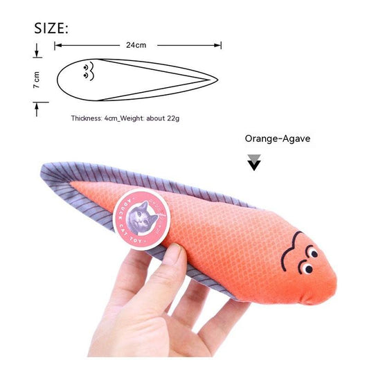 Orange fish-shaped plush catnip toy with blue fins and tail, held in a hand, with a small round tag. - Image 11