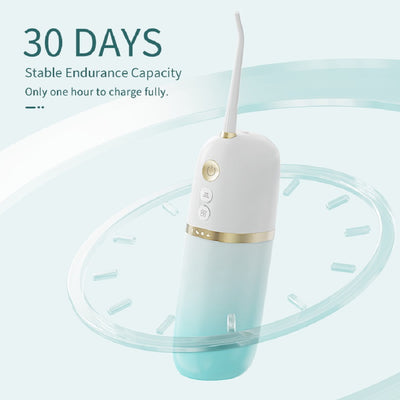 White and rose gold portable electric water flosser with a curved nozzle and volume markings for 160ml and 200ml. - Image 5