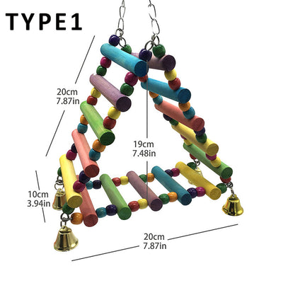 Colorful wooden bird toy with ladder-style perches, round beads, and bells, designed for parrots and parakeets. - Image 7
