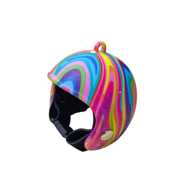 Red pet helmet with a strawberry design, featuring a smiling face, green leaves, and yellow seeds. - Image 5