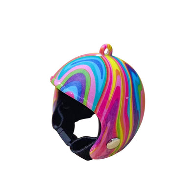 Red pet helmet with a strawberry design, featuring a smiling face, green leaves, and yellow seeds. - Image 5