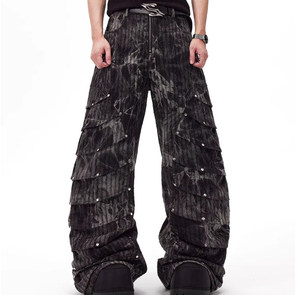 Pantalones Vaqueros Deconstructuidos Estilo Retro Pierna Ancha con Remaches