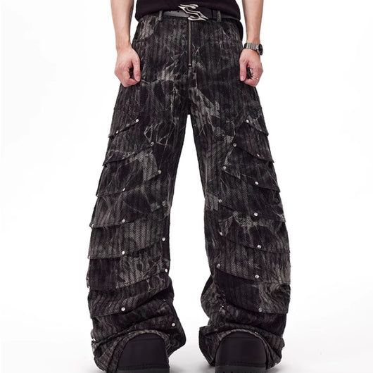 Pantalones Vaqueros Deconstructuidos Estilo Retro Pierna Ancha con Remaches
