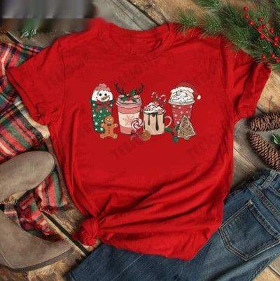 Red women's t-shirt with "Merry Christmas" text and three Christmas trees, featuring buffalo plaid and leopard print. - Image 10