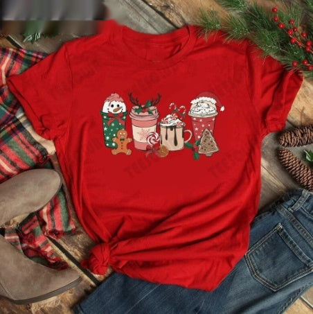 Red women's t-shirt with "Merry Christmas" text and three Christmas trees, featuring buffalo plaid and leopard print. - Image 10